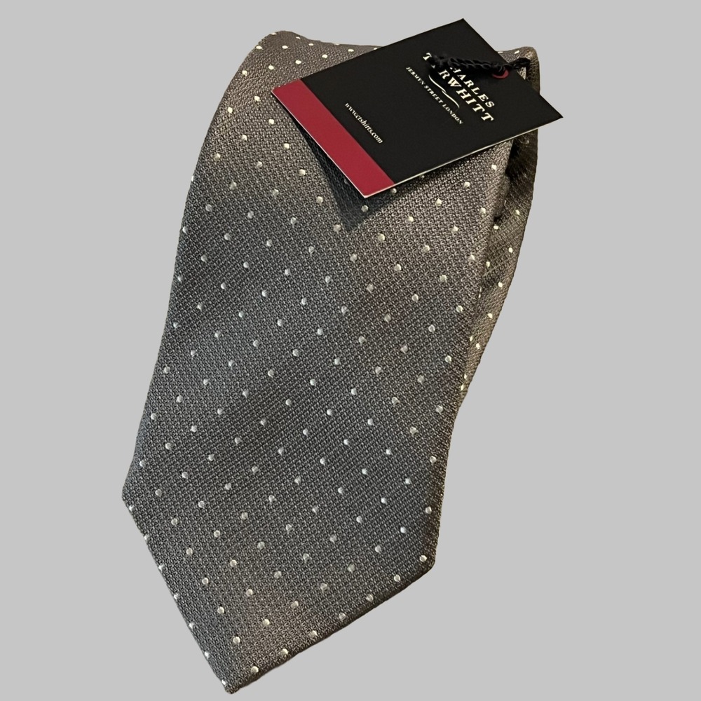 Charles Tyrwhitt Tie Mens 100% Silk Gray White Dot 58x3.5 New